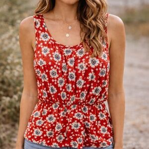 Jessy B Red Floral Boho Sleeveless Blouse XL | Cinched Waist Tunic Top